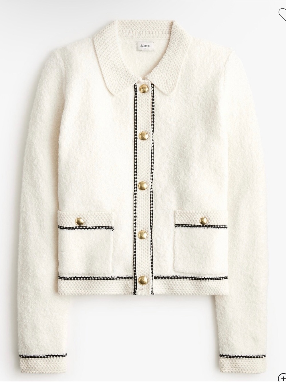 J. Crew Factory Cream Bouclé Cardigan Jacket with Black Trim and Gold Buttons